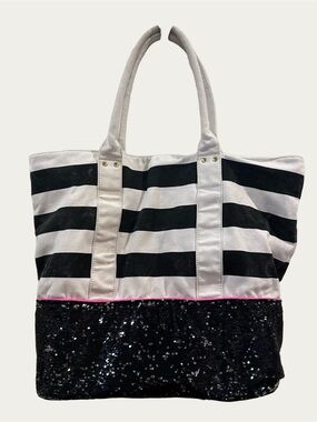 Deux Lux Black and White Striped Tote Bag with Sequins
